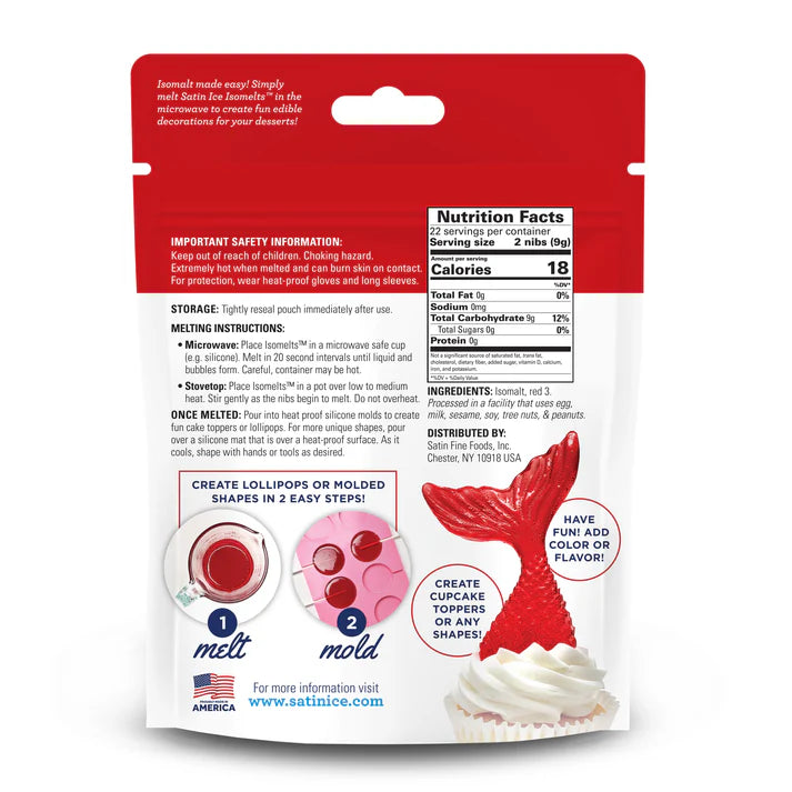 Back of Satin Ice Isomelts red isomalt nibs bag showing nutrition facts, melting instructions, and a photo of a red mermaid tail decoration on a cupcake.