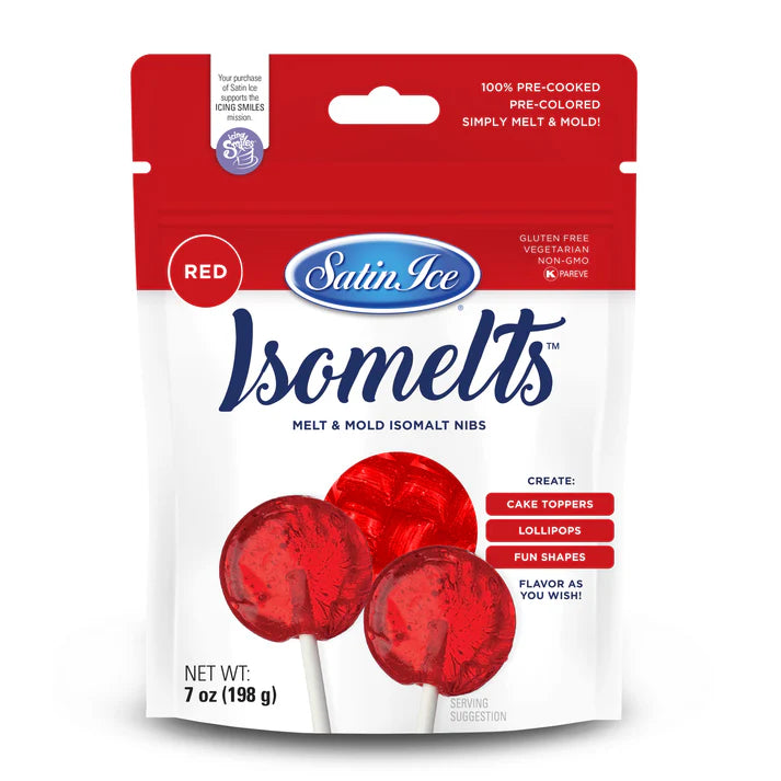 Front of Satin Ice Isomelts red isomalt nibs bag with a red top band and images of red translucent lollipops, labeled 7 oz on a white background.