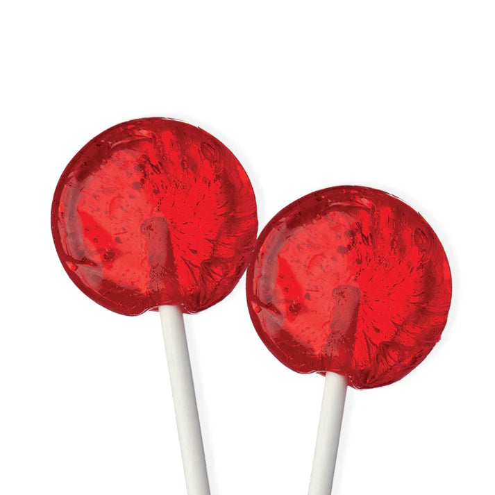 Two translucent red isomalt lollipops with a glossy, glass-like finish on white sticks, shown on a white background.