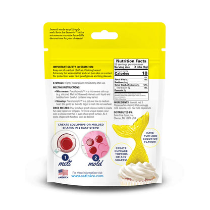 Back of Satin Ice Isomelts yellow isomalt nibs bag showing nutrition facts, melting instructions, and a photo of a yellow mermaid tail decoration on a cupcake.
