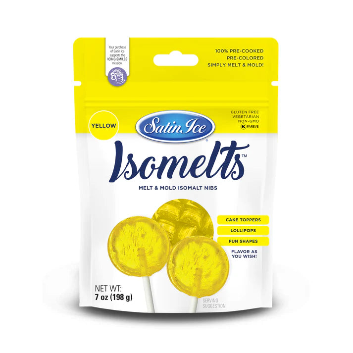 Front of Satin Ice Isomelts yellow isomalt nibs bag with a bright yellow top band and images of yellow translucent lollipops, labeled 7 oz on a white background.