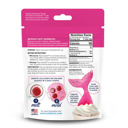 Back of Satin Ice Isomelts pink isomalt nibs bag showing nutrition facts, melting instructions, and a photo of a pink mermaid tail decoration on a cupcake.
