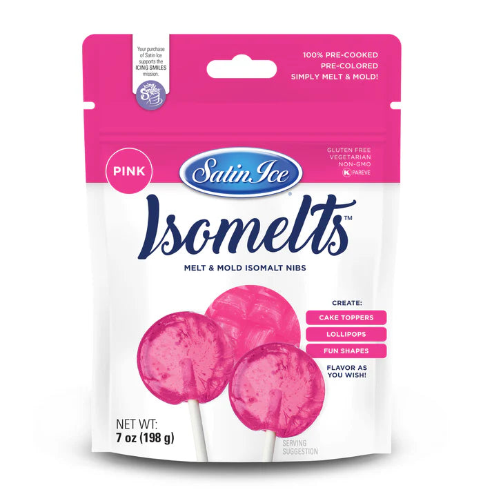 Front of Satin Ice Isomelts pink isomalt nibs bag with a bright pink top band and images of pink translucent lollipops, labeled 7 oz on a white background.