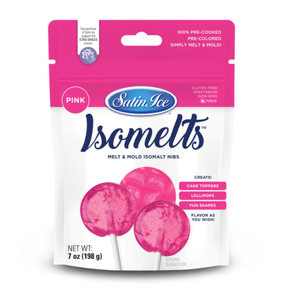 Front of Satin Ice Isomelts pink isomalt nibs bag with a bright pink top band and images of pink translucent lollipops, labeled 7 oz on a white background.