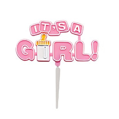 A pink cupcake pick with the words 'It's a Girl!' and an image of a baby bottle, perfect for gender reveal parties or baby shower decorations.