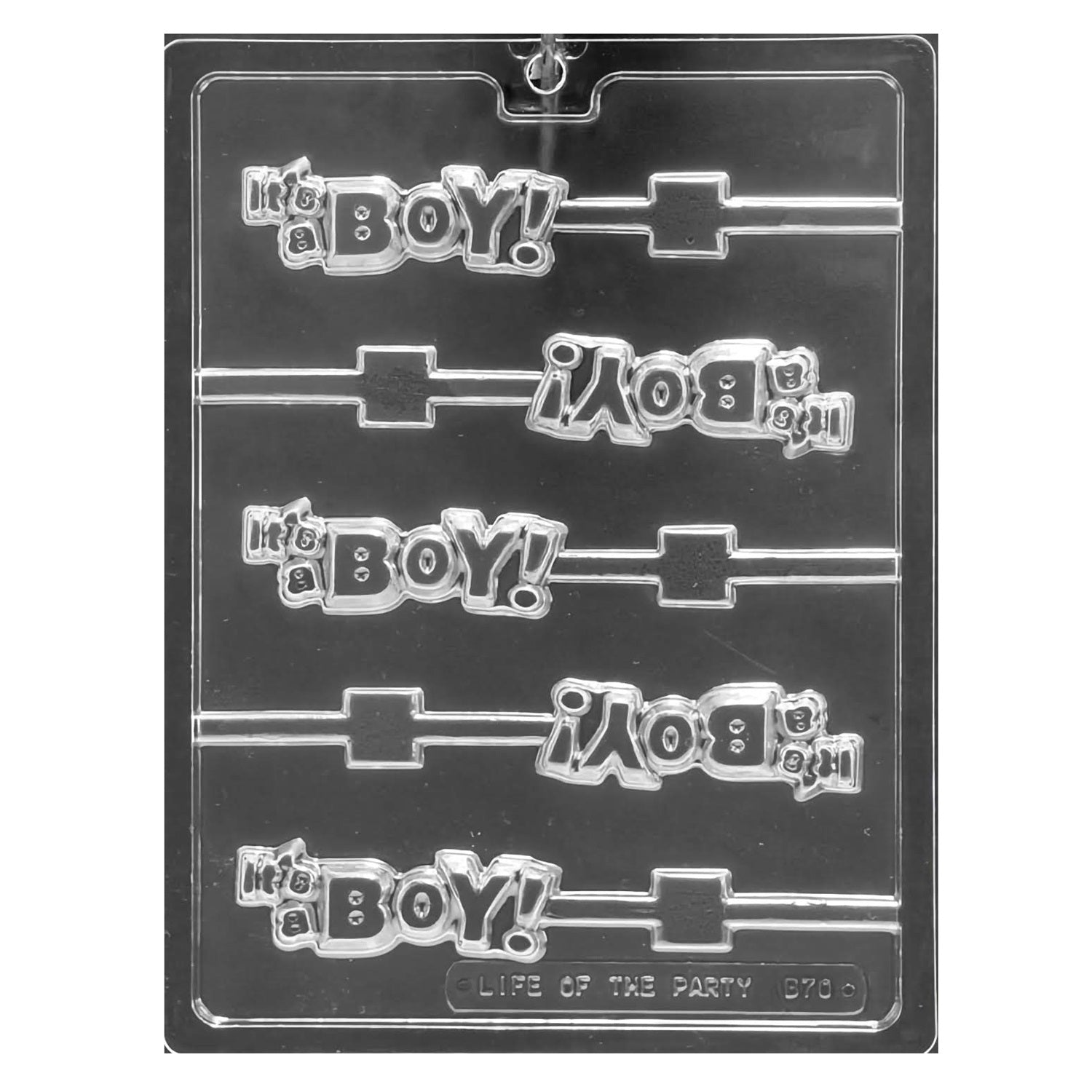 Plastic chocolate mold for creating 'It's a Boy' themed lollipop treats, featuring bold, celebratory text, ideal for baby showers and gender reveal parties.