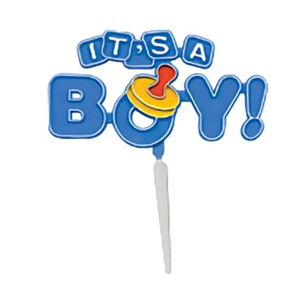 Blue 'It's a Boy' cupcake pick with pacifier detail, ideal for gender reveal parties and baby shower cupcake toppers.