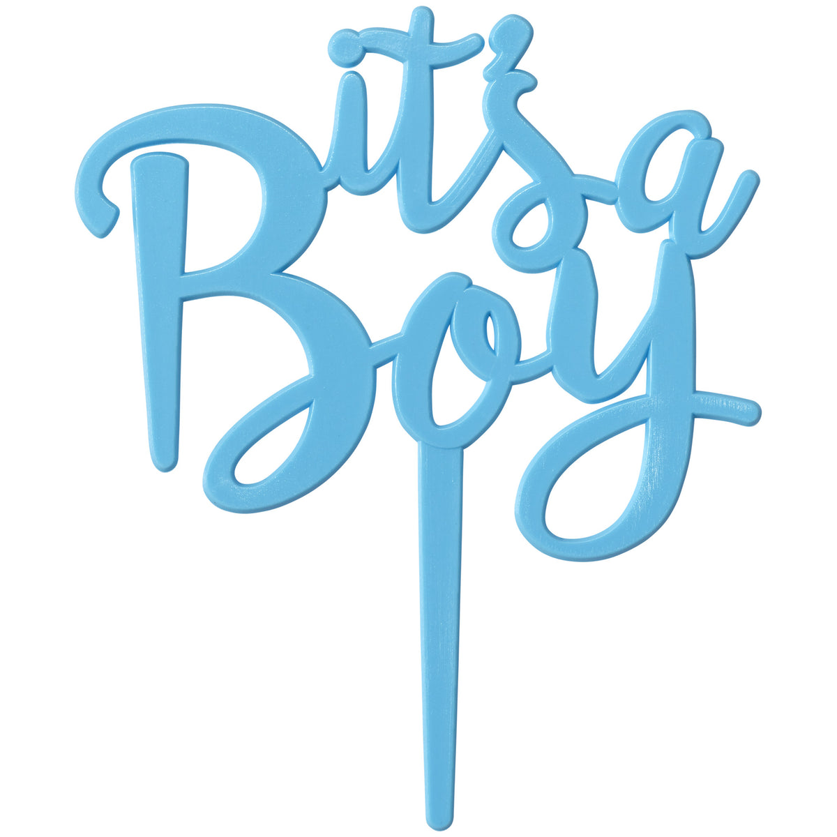 Light blue “It's a Boy” cake topper in flowing script with a pointed stem for placement in a celebration cake, shown on a white background.