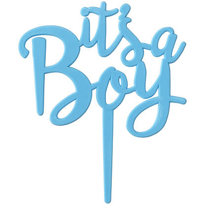 Light blue “It's a Boy” cake topper in flowing script with a pointed stem for placement in a celebration cake, shown on a white background.