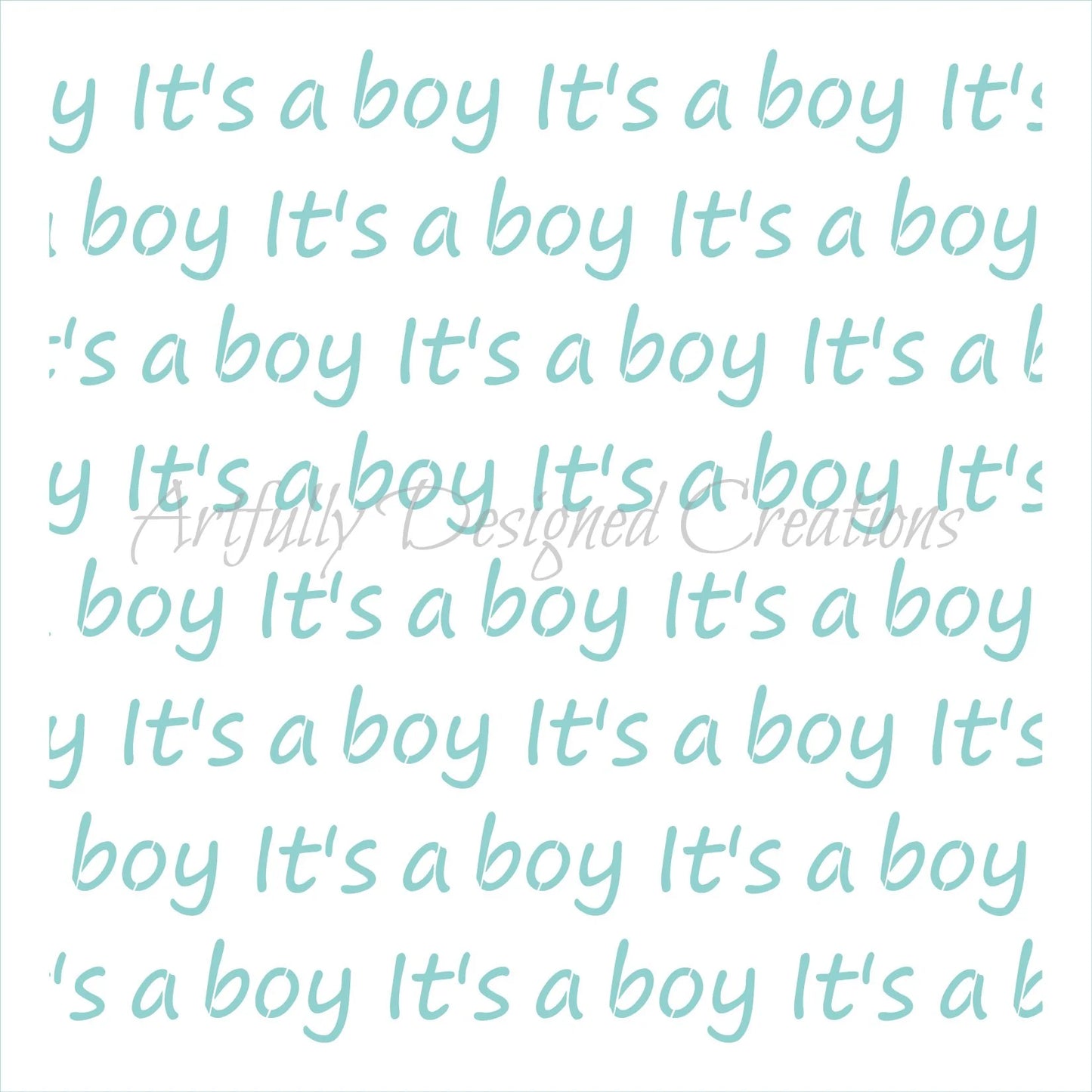 Repeating “It’s a boy” baby shower stencil pattern in light blue text on white background, designed for decorating cookies and cakes.
