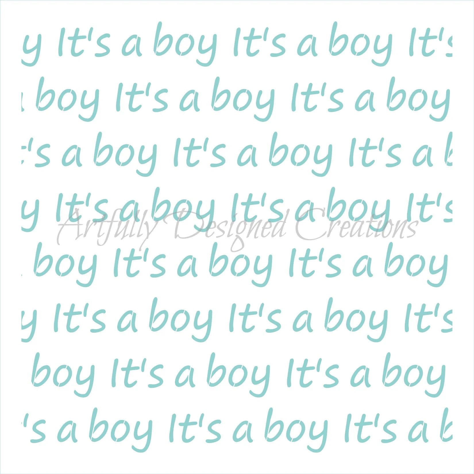 Repeating “It’s a boy” baby shower stencil pattern in light blue text on white background, designed for decorating cookies and cakes.