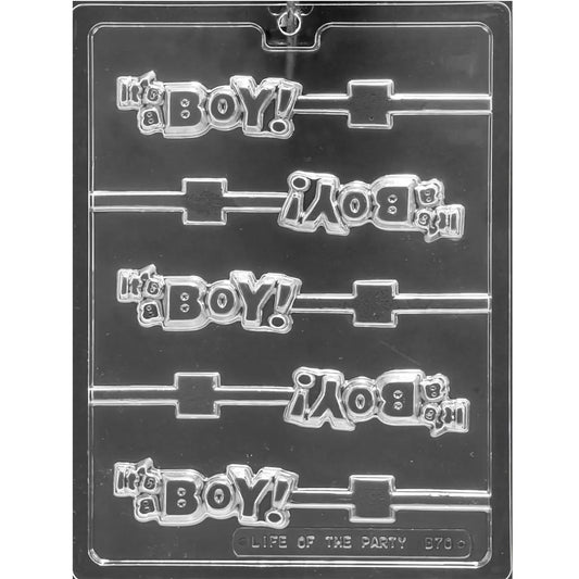 Clear plastic chocolate lollipop mold with six “It’s a Boy!” message cavities and attached stick channels.