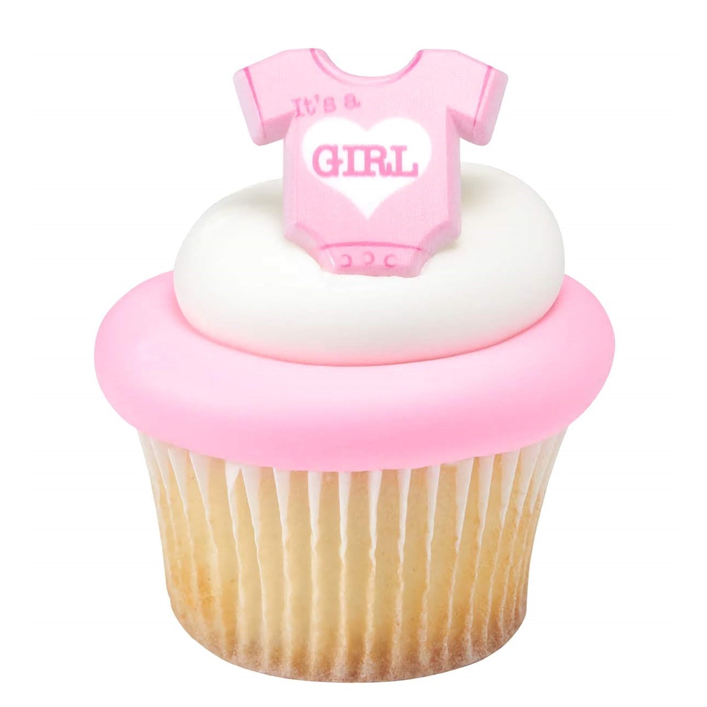 Pink 'It's a Girl!' cupcake pick with baby bottle detail, a delightful choice for baby shower desserts and gender reveal events.