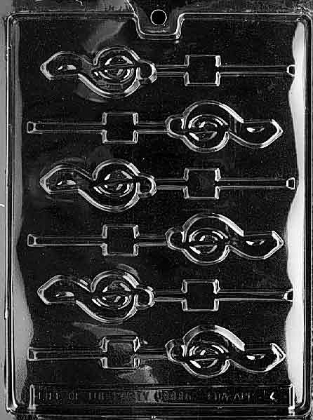 Image shows G-CLEF Lollipop mold with treble clef shape designed for chocolate lollipops.