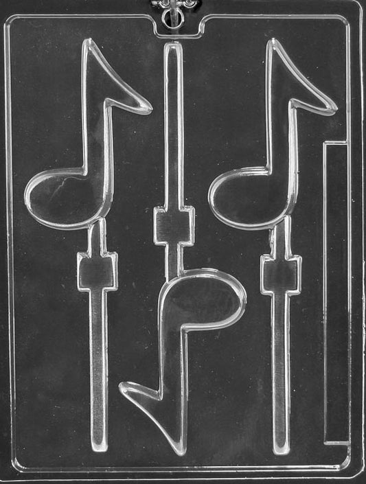 Image shows MUSICAL NOTE Lollipop mold with large chocolate cavity shaped like a stylized music note.