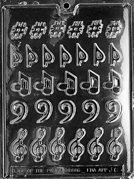 Image shows MUSIC, MUSIC, MUSIC mold with multiple small musical notes and symbols.