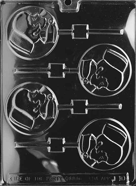 Image shows NURSE Lollipop mold with round chocolate cavity featuring medical design elements.