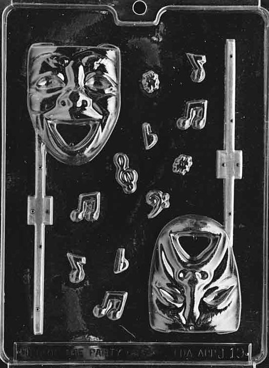Image shows COMEDY & TRAGEDY Lollipop MASK mold with two iconic face masks in a single cavity.