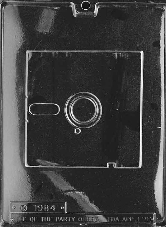 Image shows FLOPPY DISC mold with square chocolate design mimicking a vintage floppy disc.