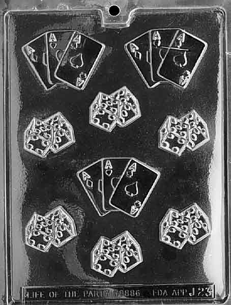 Image shows DICE WITH ACES mold with rectangular chocolate cavities featuring dice and ace card motifs.