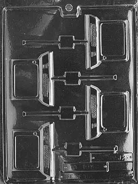 Image shows COMPUTER Lollipop mold with a small rectangular chocolate piece shaped like a desktop monitor.
