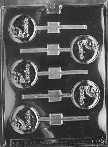 Image shows TEACHER Lollipop mold with round chocolate shape and embossed message or apple motif.