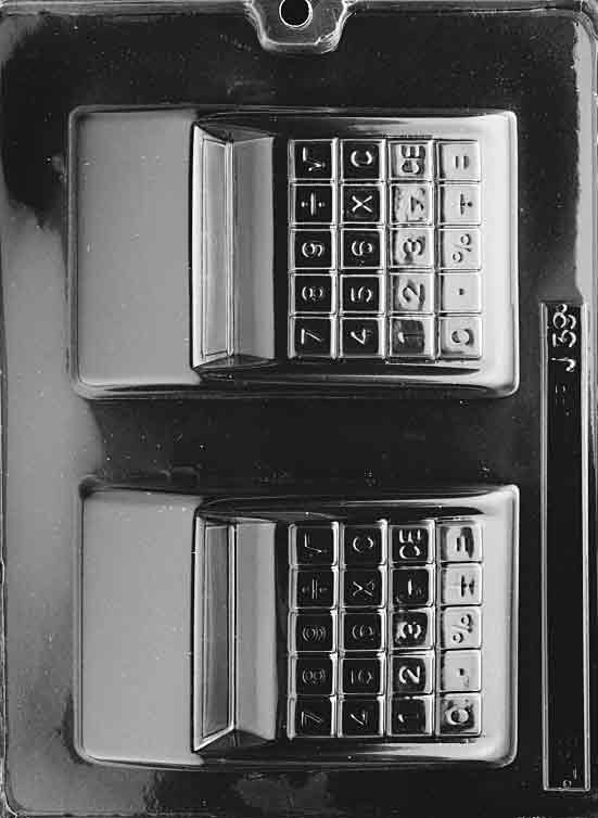 Image shows CALCULATOR mold with chocolate cavity resembling a basic calculator with button layout.