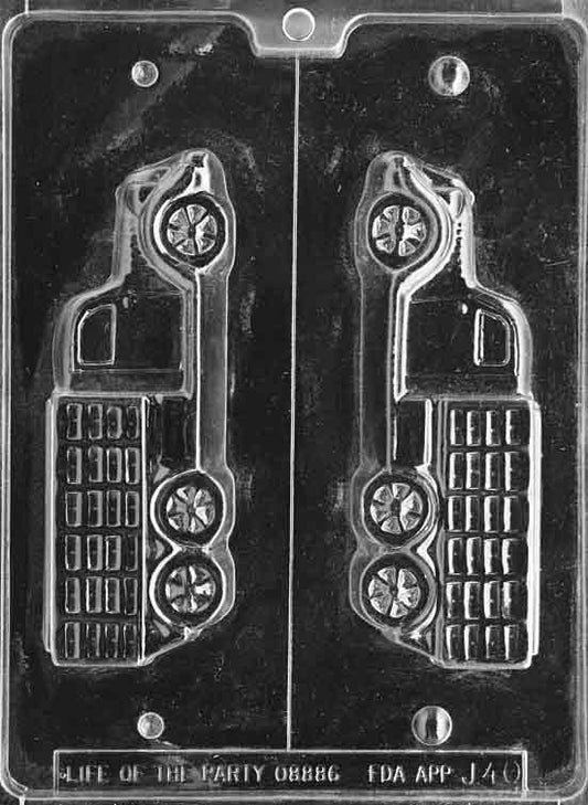 Image shows FARM TRUCK 3D mold with long rectangular chocolate truck body, wheels, and cab.