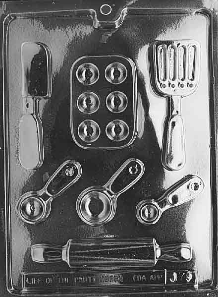 Image of BAKING SET mold with kitchen tool-themed chocolate cavities including rolling pin and apron.
