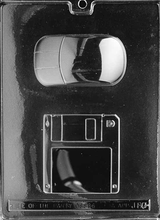 Image of COMPUTER DISC & MOUSE mold featuring two cavities: one for a floppy disk and one for a retro computer mouse.