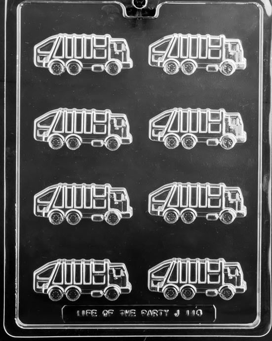 Image of GARBAGE TRUCK TOPPER mold showing side-profile chocolate truck with clear cab and bin details.