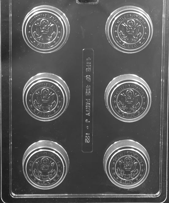 Image of US ARMY COOKIE mold showing round chocolate with “ARMY” text in bold raised lettering.