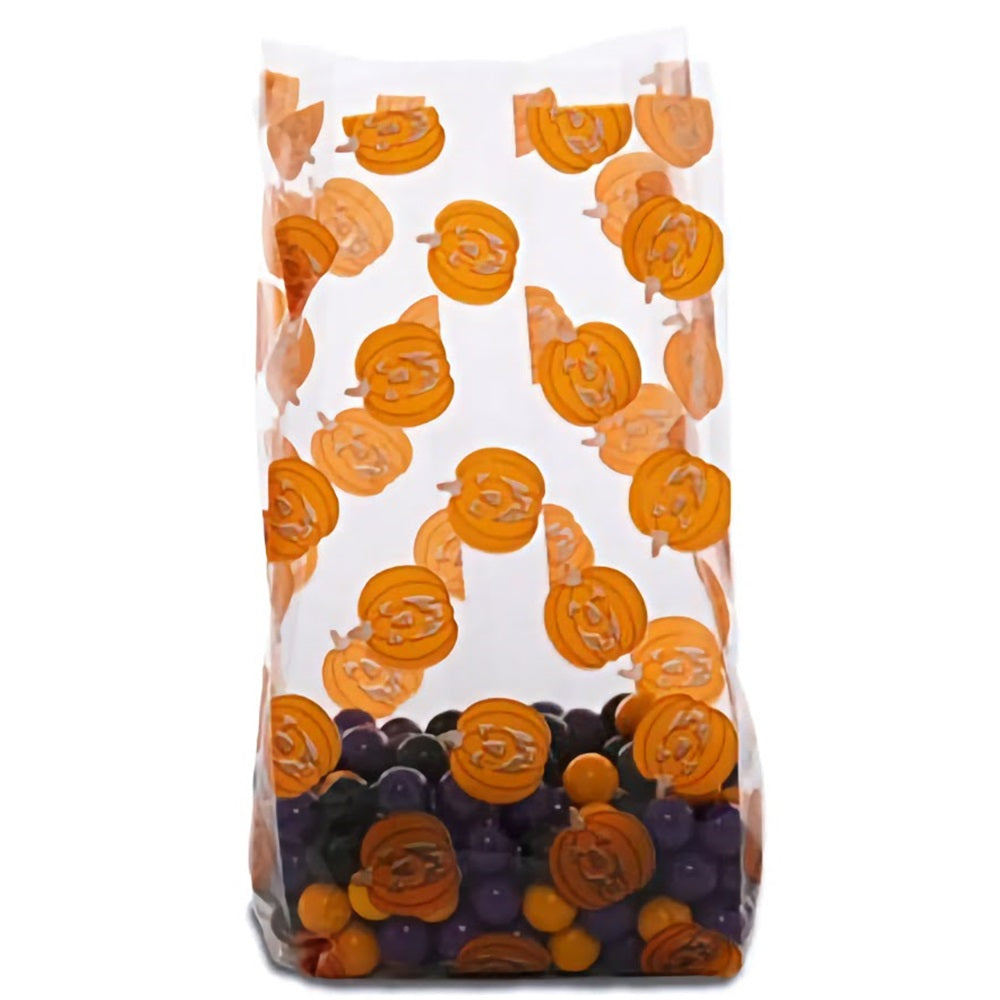 Jack-o-lanterned themed halloween cello treat bags. These bags are transparent with orange printed pumpkins on it.
