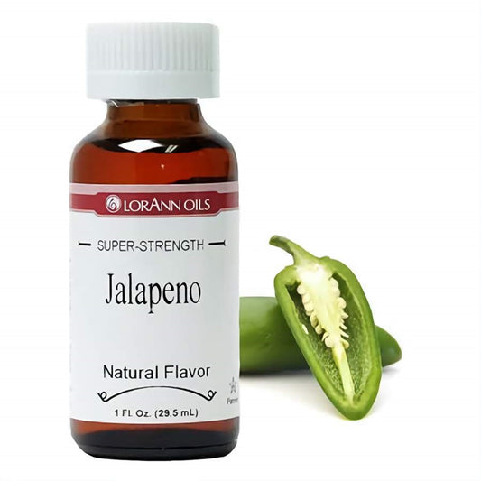 1 fl oz bottle of LorAnn Oils Super Strength Jalapeno Natural Flavor, with a sliced green jalapeno pepper, indicating a spicy and piquant flavor profile.