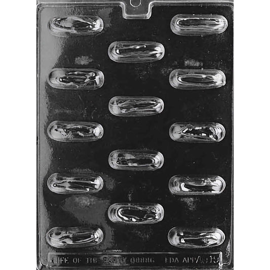 Jelly Logs chocolate mold with 12 cavities, each shaped like a small log, perfect for filling with preserves and coating with chocolate, made from food-grade plastic.