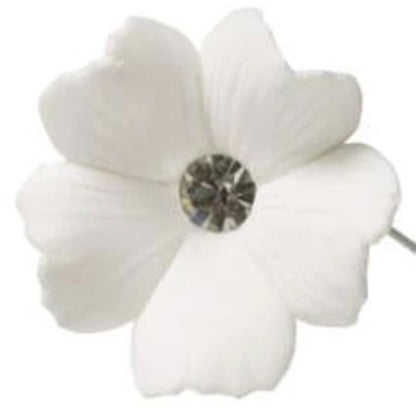 Close-up of a single white five-petal gum paste flower with a round silver diamante jewel center, showing subtle petal veining and a soft matte finish.