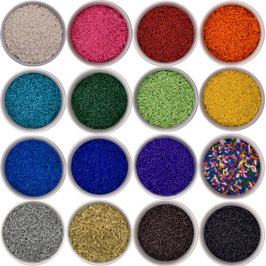 Sprinkles in bowls in 16 different colors