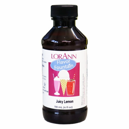 LorAnn Juicy Lemon Flavor Fountain bottle with illustrated label of ice cream and shakes, used to flavor frozen desserts, smoothies, and citrus beverages