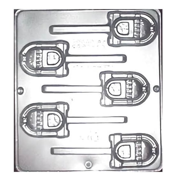 A chocolate mold featuring four cavities in the shape of classic jukeboxes, complete with detailed embossing of the jukebox controls and speaker design. This mold is perfect for themed parties or for music lovers.