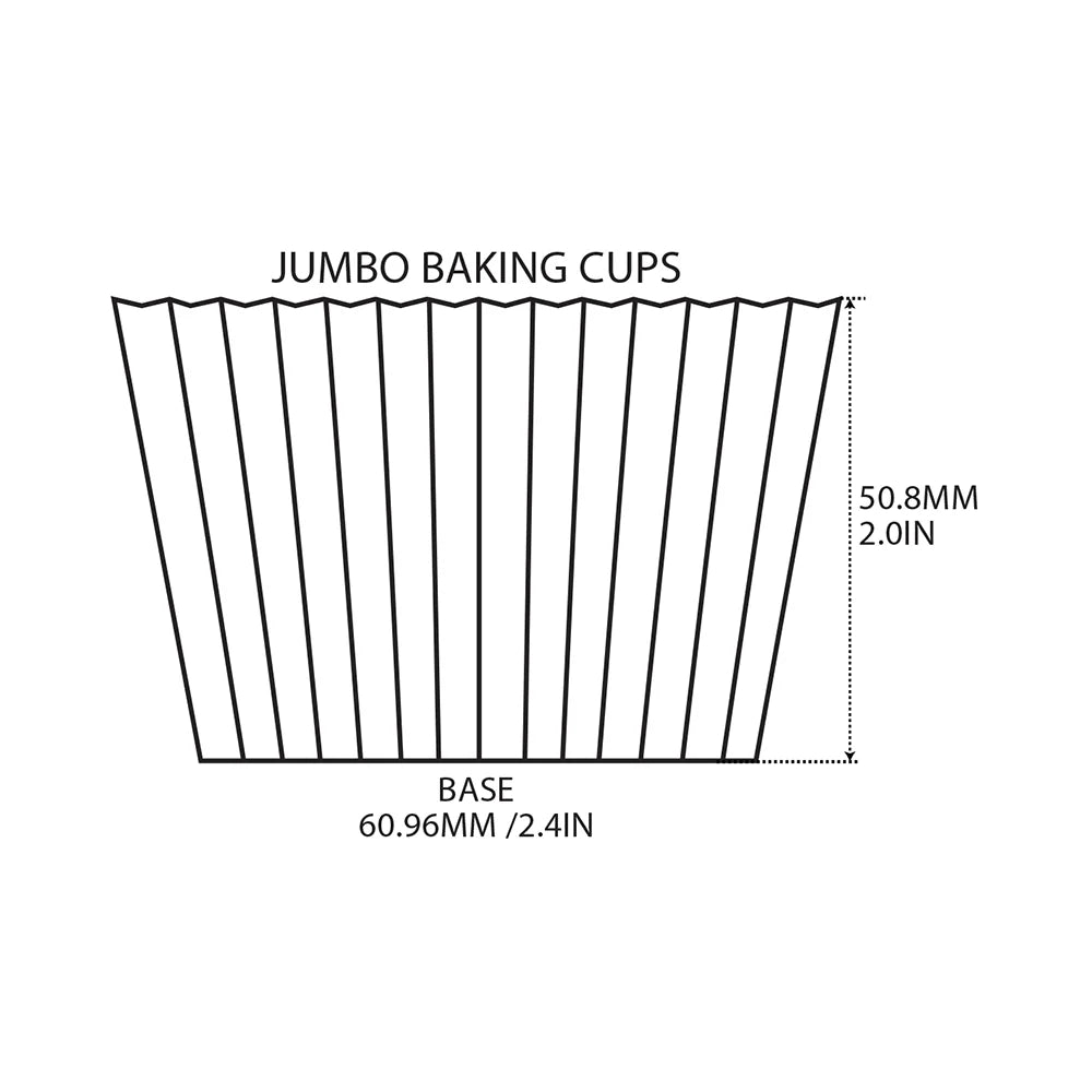 Line diagram labeled “Jumbo Baking Cups” showing measurements: 2.0 in height (50.8 mm) and 2.4 in base (60.96 mm).