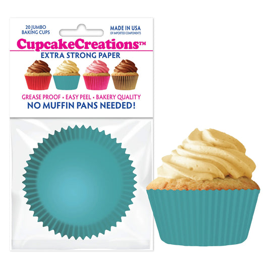 CupcakeCreations package showing 20 jumbo turquoise baking cups and a frosted cupcake in a turquoise cup.