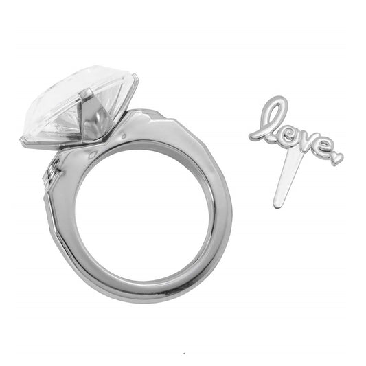 Silver cake topper set featuring a large faux diamond ring and a separate 'love' inscription, ideal for wedding, engagement, and anniversary cakes, adding a romantic touch.