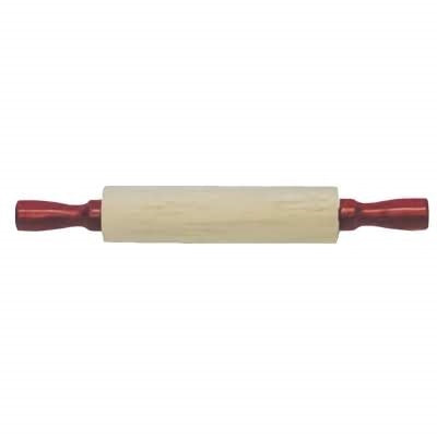 Small junior rolling pin with natural wood barrel and red handles, sized for kids and beginner bakers.