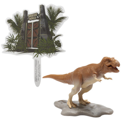 A brown T-Rex figurine with an opening and closing jaw, standing on a rocky base, alongside a Jurassic World™ gate backdrop.