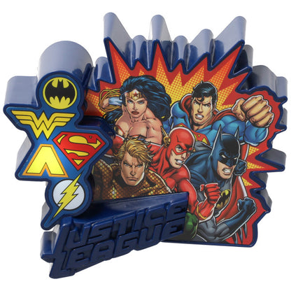 A Justice League™ cake topper featuring Batman, Superman, Wonder Woman, The Flash, and Aquaman in a bold comic-style design, with light-up functionality.