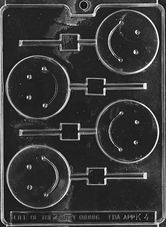 Image of SMILE Lollipop mold showing large circular chocolate pop with embossed smiling face.