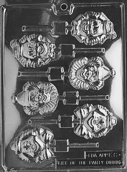Image of CLOWN Lollipop mold showing rounded clown face with hat, nose, and curls in chocolate relief.