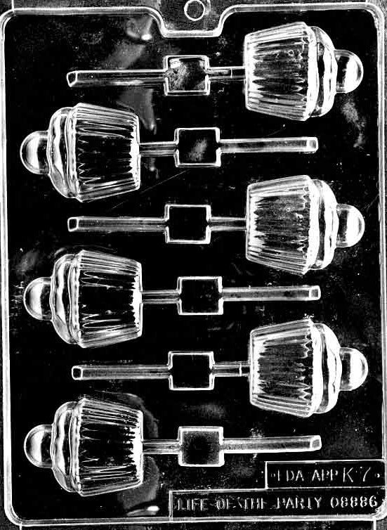 Image of CUPCAKE Lollipop mold with cupcake-shaped chocolate pop including wrapper lines and swirled top.