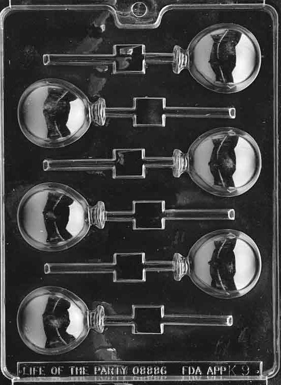 Image of BALOONS Lollipop mold with raised balloon bundle design on a round chocolate pop.