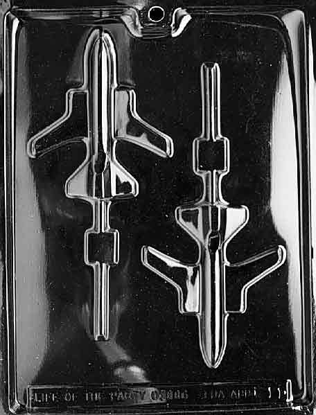 Image of AIRPLANE Lollipop mold showing airplane-shaped chocolate with defined wing and tail details.